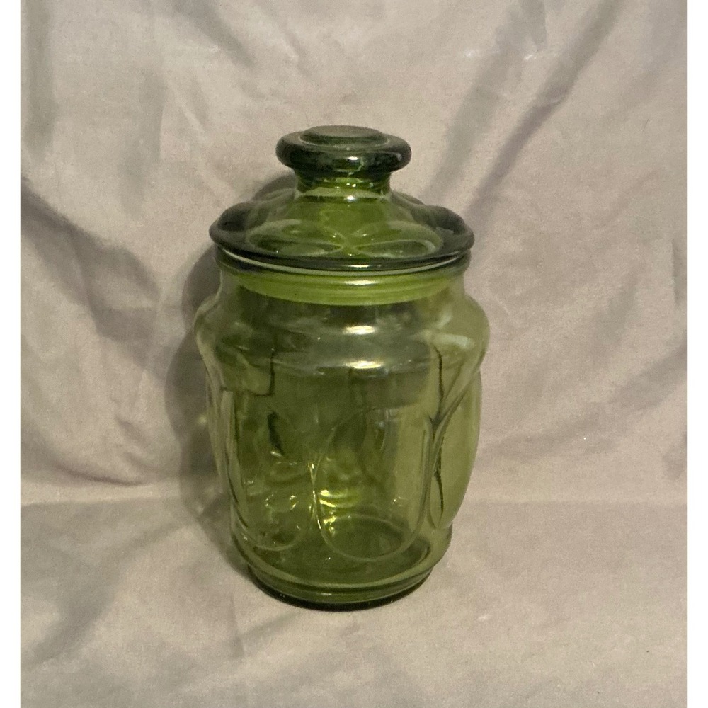 Vintage Green Glass Apothecary Canister Thumbprint Jar with Lid 8.25"
